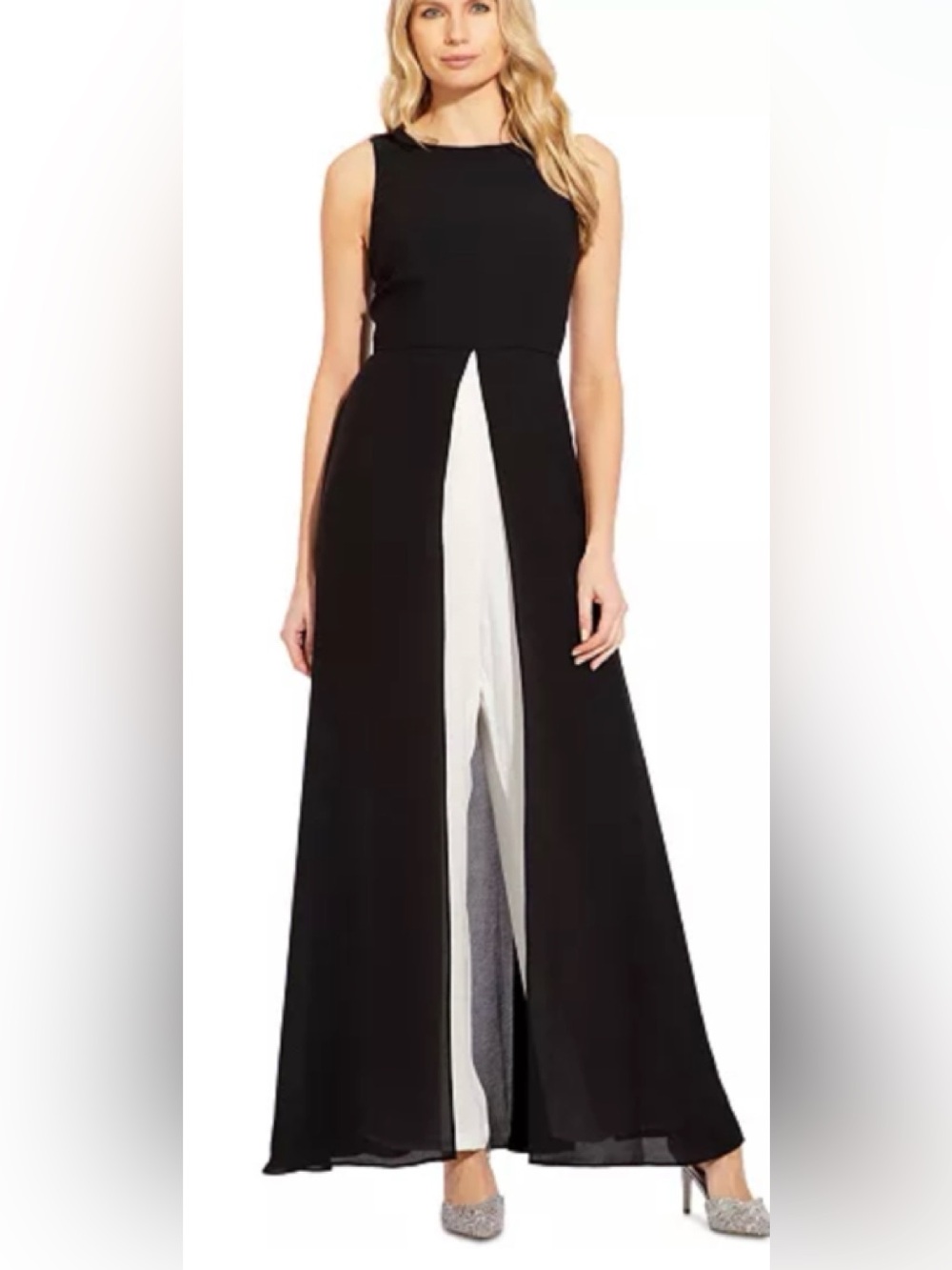 Adrianna Papell Colorblocked Overlay Formal Jumpsuit Black/White 2